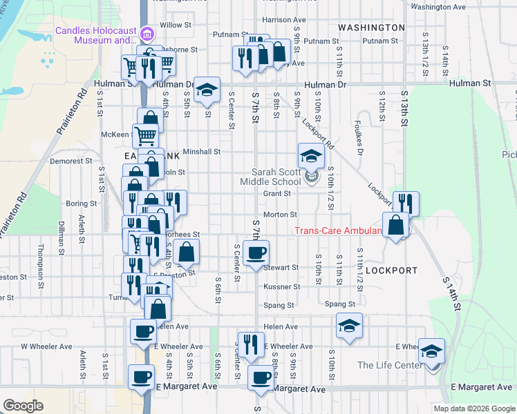 map of restaurants, bars, coffee shops, grocery stores, and more near 2228 South 7th Street in Terre Haute