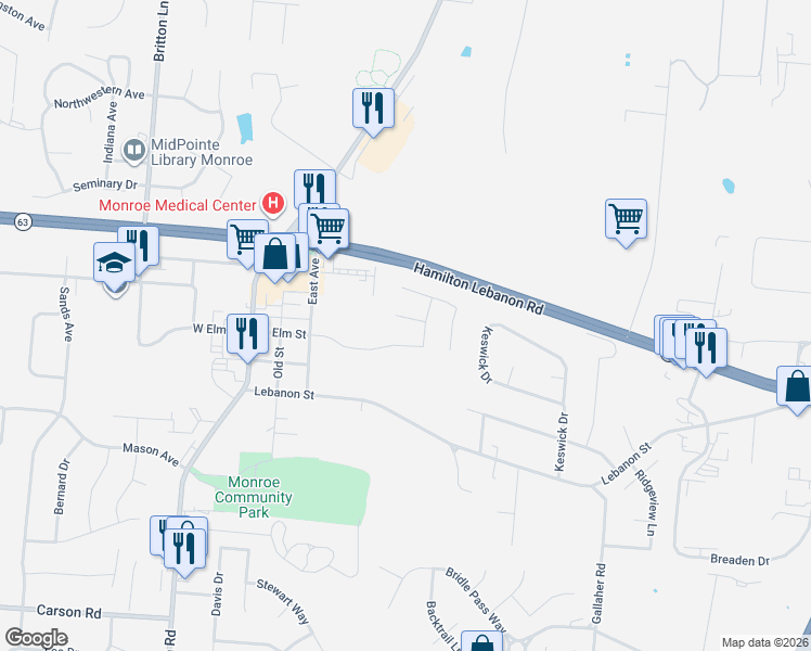 map of restaurants, bars, coffee shops, grocery stores, and more near 95 Teil Tree Court in Monroe