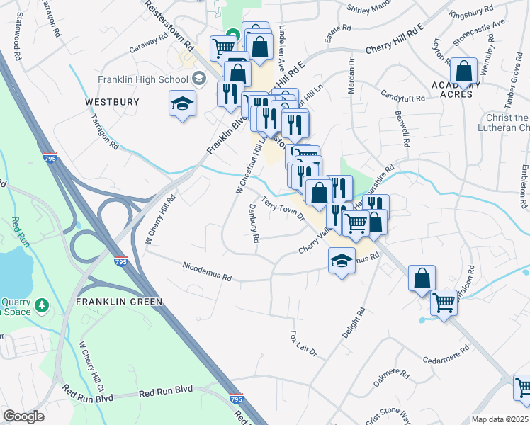 map of restaurants, bars, coffee shops, grocery stores, and more near 2 Stitchberry Court in Reisterstown