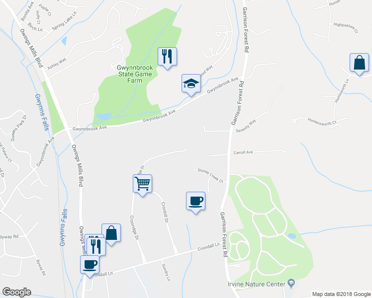 map of restaurants, bars, coffee shops, grocery stores, and more near 11550 Cronridge Drive in Owings Mills