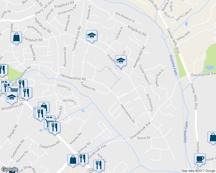 map of restaurants, bars, coffee shops, grocery stores, and more near 616 Hammershire Road in Owings Mills