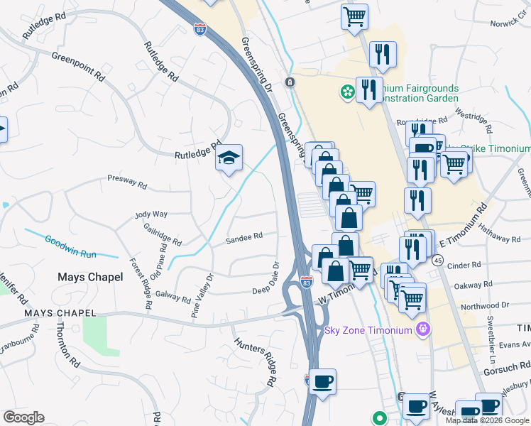 map of restaurants, bars, coffee shops, grocery stores, and more near 202 Brightdale Road in Lutherville-Timonium