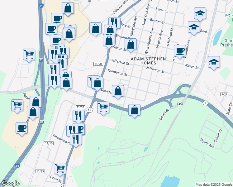 map of restaurants, bars, coffee shops, grocery stores, and more near 916 Sheridan Avenue in Martinsburg