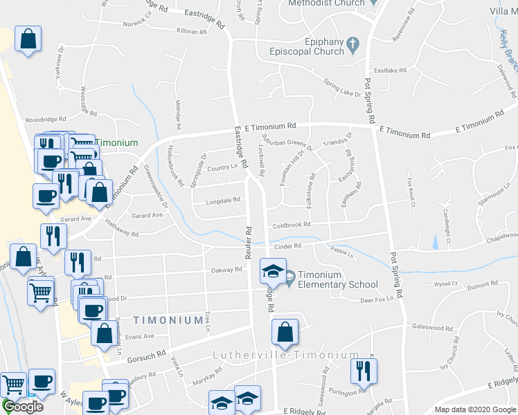 map of restaurants, bars, coffee shops, grocery stores, and more near 2118 Eastridge Road in Lutherville-Timonium