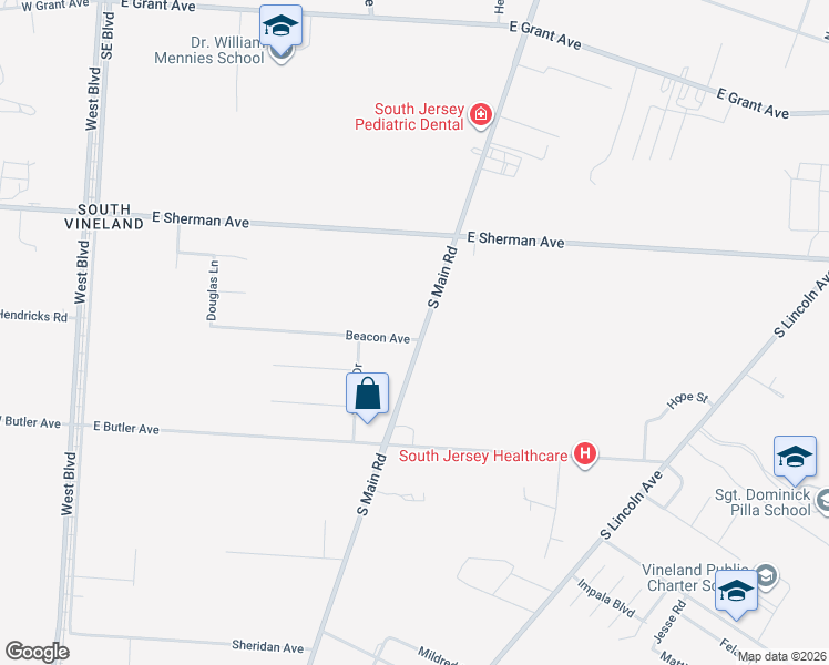 map of restaurants, bars, coffee shops, grocery stores, and more near 680 Beacon Avenue in Vineland