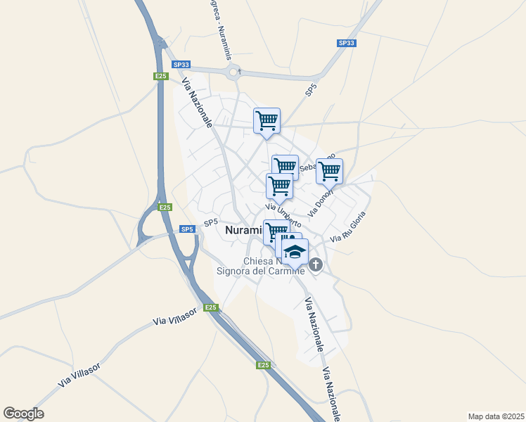 map of restaurants, bars, coffee shops, grocery stores, and more near 30 Via Umberto in Nuraminis