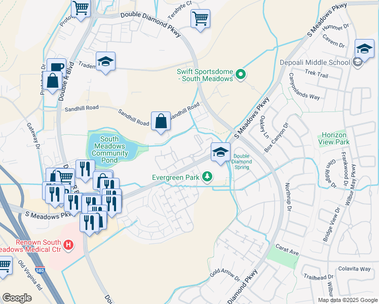 map of restaurants, bars, coffee shops, grocery stores, and more near 1208 South Meadows Parkway in Reno