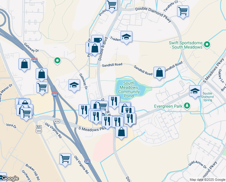 map of restaurants, bars, coffee shops, grocery stores, and more near 9870 Double R Boulevard in Reno