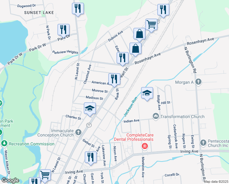 map of restaurants, bars, coffee shops, grocery stores, and more near 535 Bank Street in Bridgeton