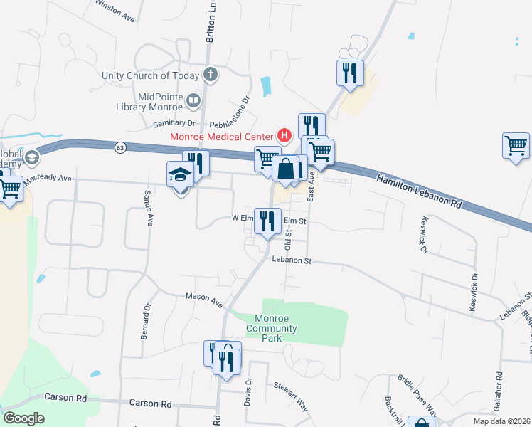 map of restaurants, bars, coffee shops, grocery stores, and more near 24 West Elm Street in Monroe