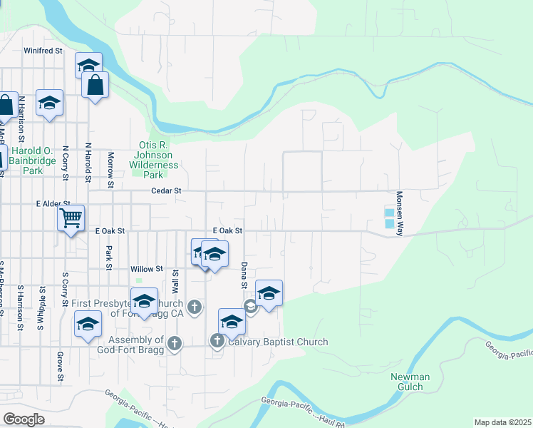 map of restaurants, bars, coffee shops, grocery stores, and more near 1441 East Oak Street in Fort Bragg