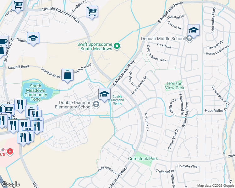 map of restaurants, bars, coffee shops, grocery stores, and more near 9637 Shadowstone Way in Reno