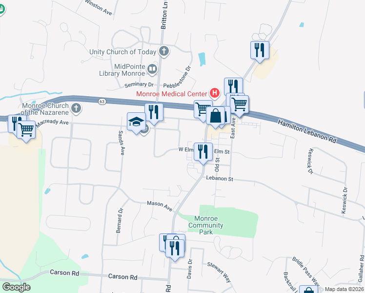 map of restaurants, bars, coffee shops, grocery stores, and more near 82 West Elm Street in Monroe