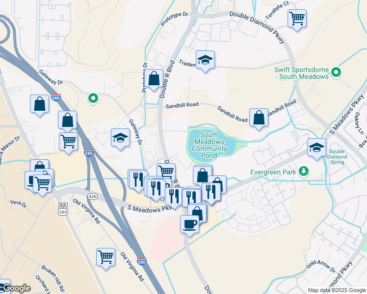 map of restaurants, bars, coffee shops, grocery stores, and more near 9870 Double R Boulevard in Reno