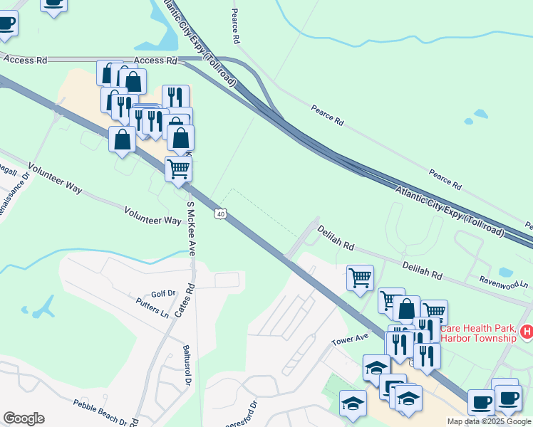 map of restaurants, bars, coffee shops, grocery stores, and more near Mays Landing Road in Hamilton
