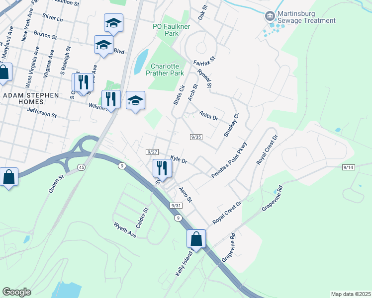 map of restaurants, bars, coffee shops, grocery stores, and more near 304 Care Bear Drive in Martinsburg