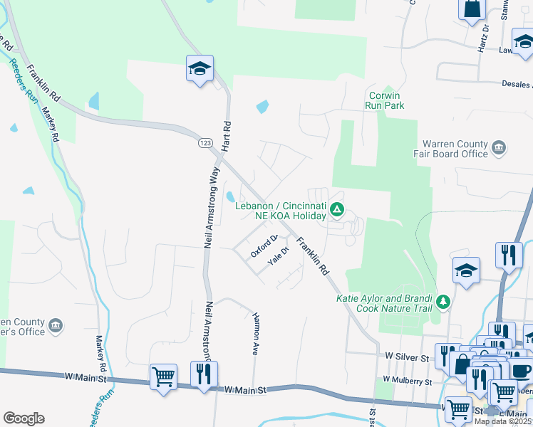 map of restaurants, bars, coffee shops, grocery stores, and more near 851 Franklin Road in Lebanon