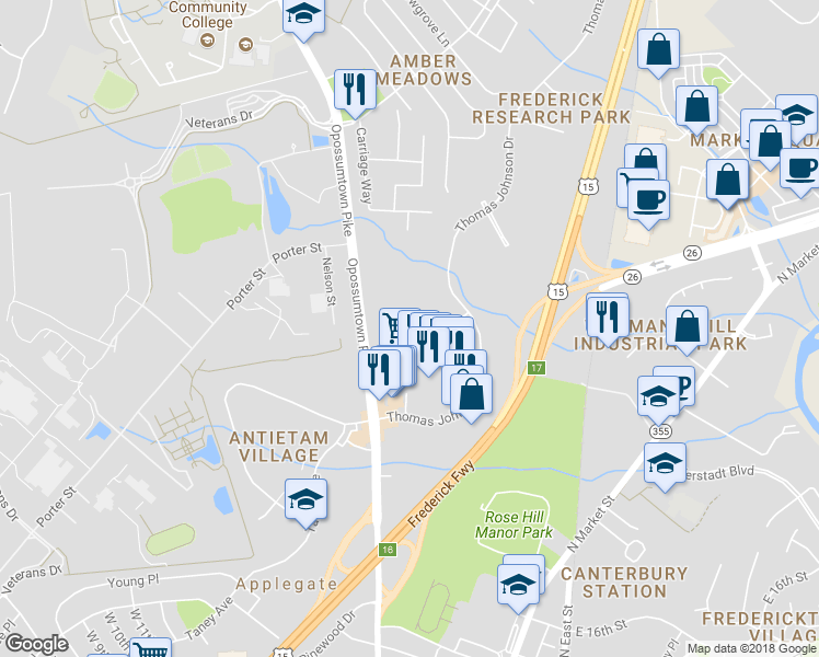 map of restaurants, bars, coffee shops, grocery stores, and more near 233 Canfield Terrace in Frederick