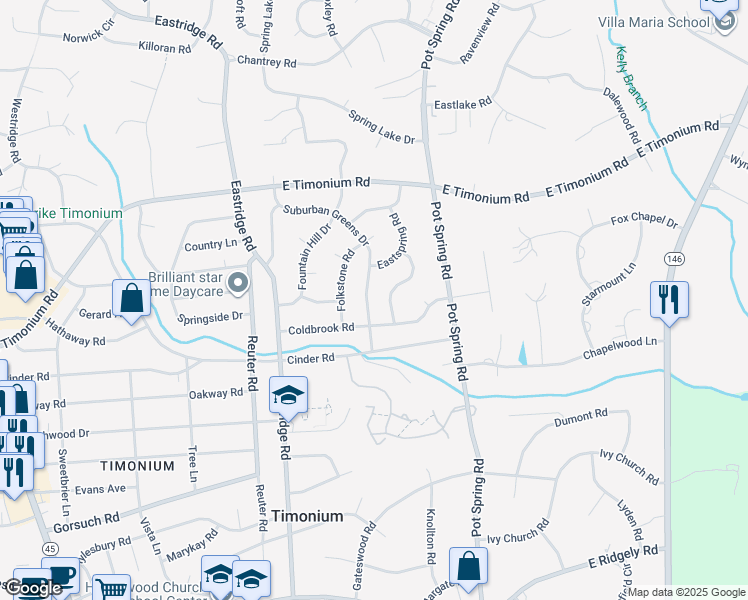 map of restaurants, bars, coffee shops, grocery stores, and more near 2113 Suburban Greens Drive in Lutherville-Timonium
