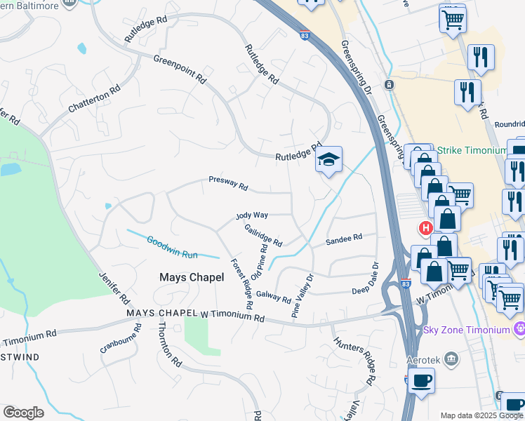 map of restaurants, bars, coffee shops, grocery stores, and more near 308 Jody Way in Lutherville-Timonium