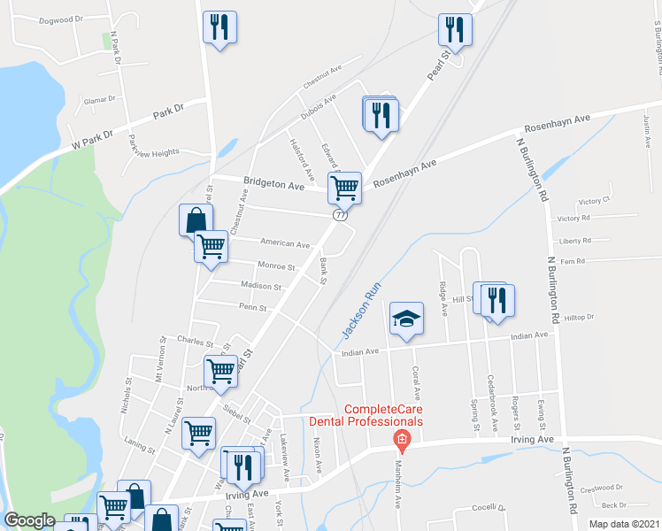 map of restaurants, bars, coffee shops, grocery stores, and more near 535 Bank Street in Bridgeton