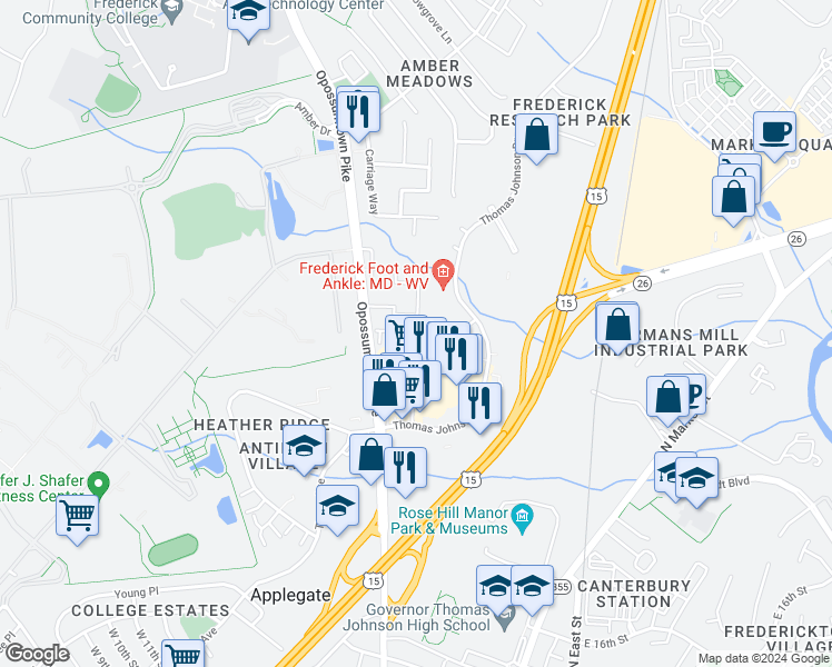 map of restaurants, bars, coffee shops, grocery stores, and more near 231 Canfield Terrace in Frederick