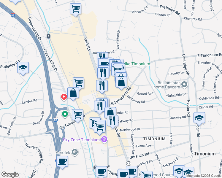 map of restaurants, bars, coffee shops, grocery stores, and more near 2131 York Road in Lutherville-Timonium