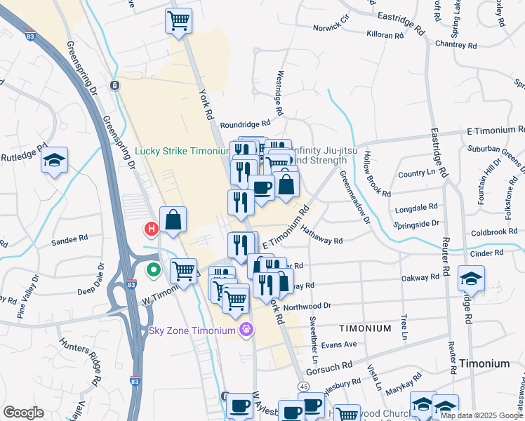 map of restaurants, bars, coffee shops, grocery stores, and more near 2131 York Road in Lutherville-Timonium