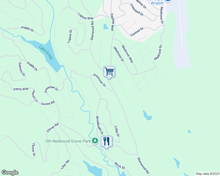 map of restaurants, bars, coffee shops, grocery stores, and more near 1612 Primrose Drive in Willits