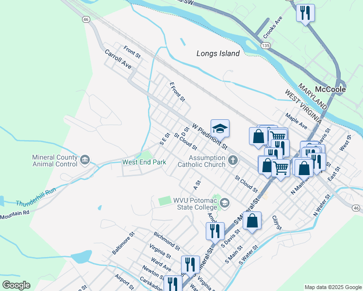 map of restaurants, bars, coffee shops, grocery stores, and more near 85 D Street in Keyser