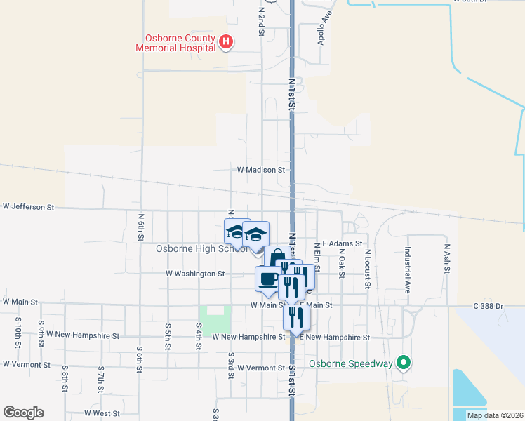 map of restaurants, bars, coffee shops, grocery stores, and more near 201 West Jefferson Street in Osborne