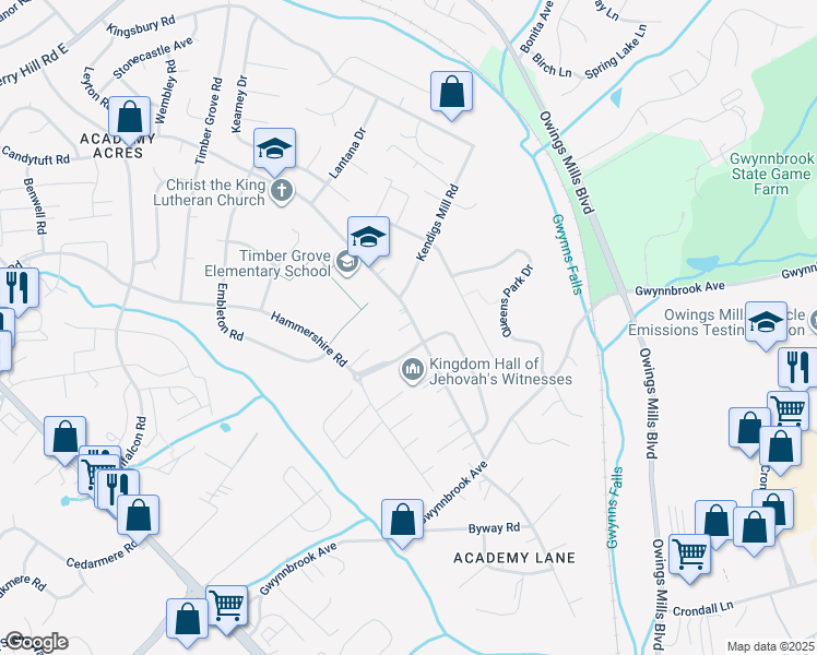 map of restaurants, bars, coffee shops, grocery stores, and more near 807 Academy Avenue in Owings Mills