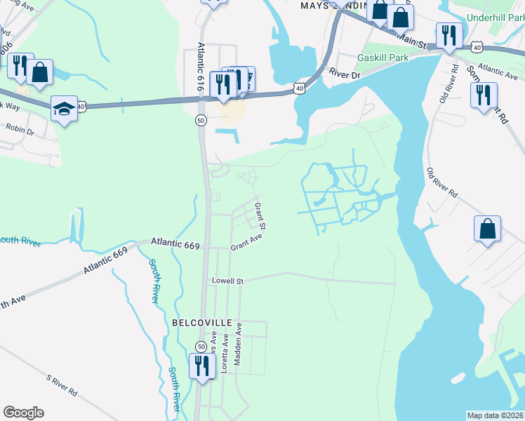 map of restaurants, bars, coffee shops, grocery stores, and more near 923 Blake Drive in Atlantic County