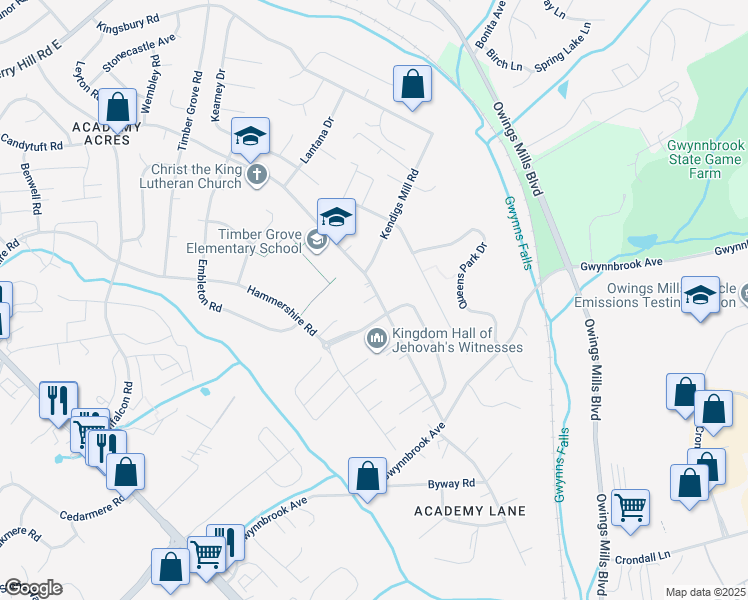map of restaurants, bars, coffee shops, grocery stores, and more near 807 Academy Avenue in Owings Mills