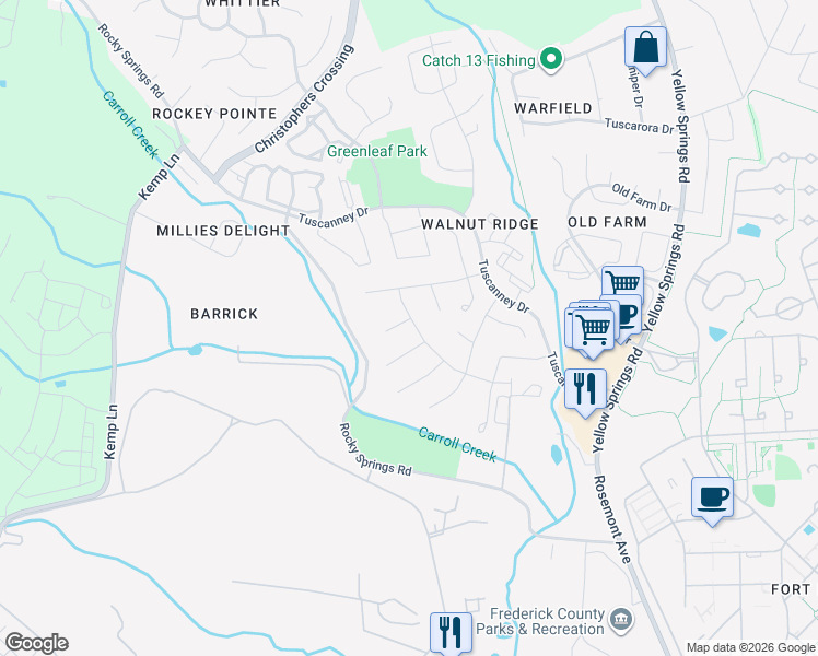 map of restaurants, bars, coffee shops, grocery stores, and more near 2101 Twin Peaks Court in Frederick