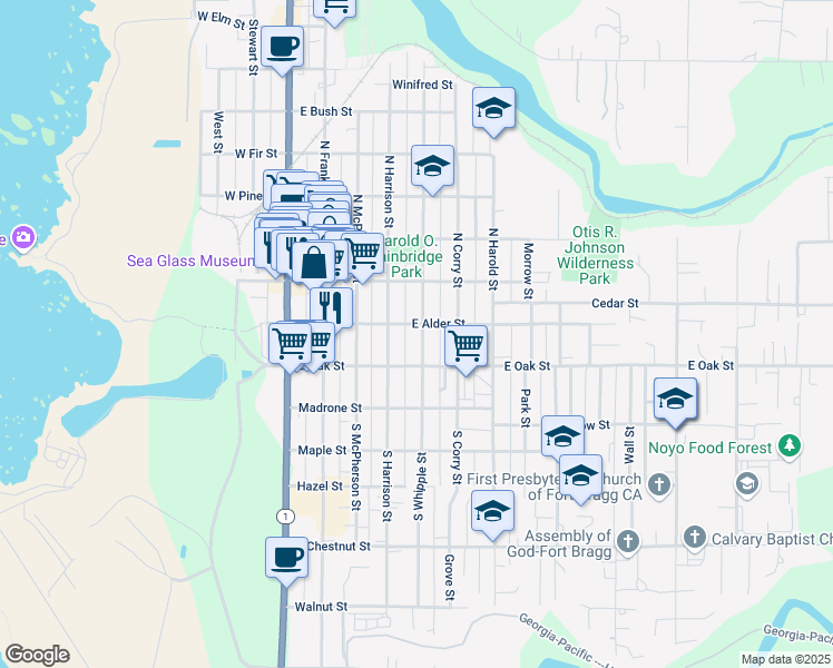 map of restaurants, bars, coffee shops, grocery stores, and more near 151 North Whipple Street in Fort Bragg