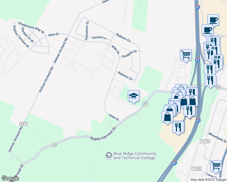 map of restaurants, bars, coffee shops, grocery stores, and more near Brashear Court in Martinsburg