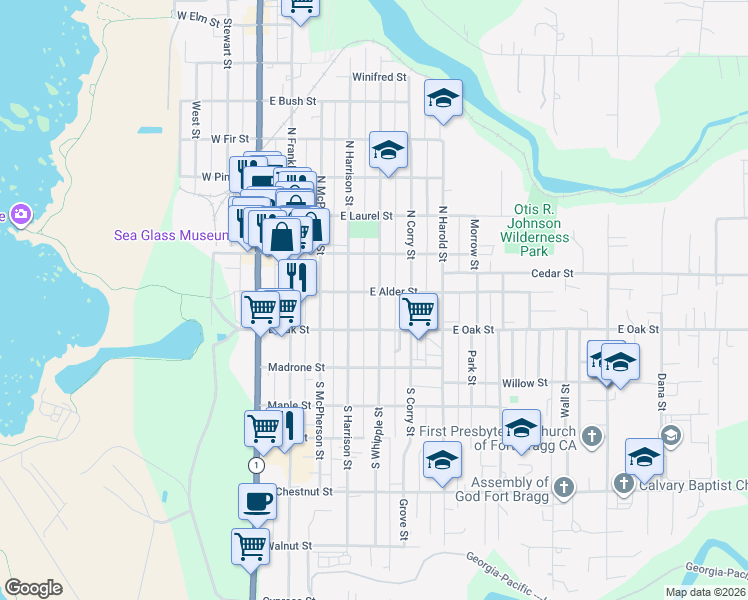map of restaurants, bars, coffee shops, grocery stores, and more near 151 North Whipple Street in Fort Bragg