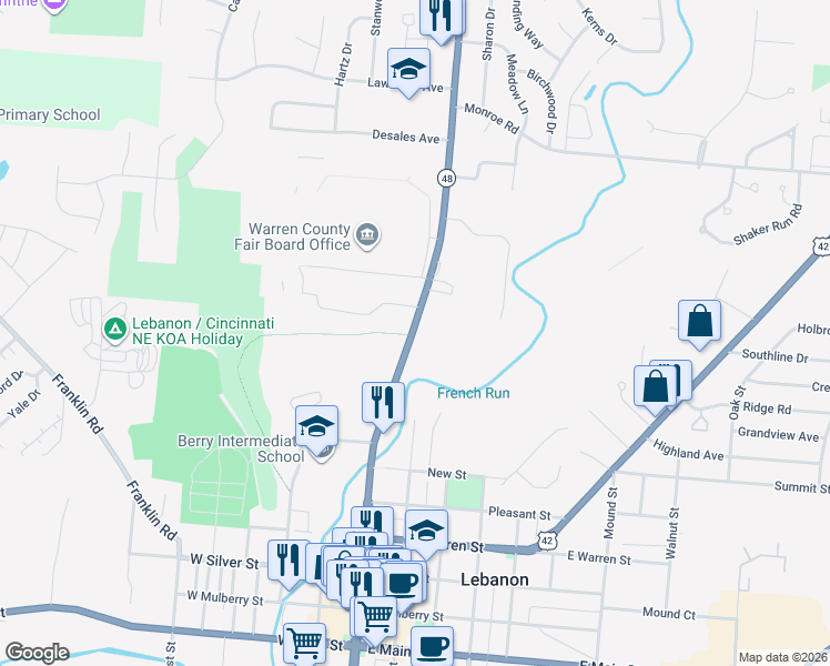 map of restaurants, bars, coffee shops, grocery stores, and more near 540 North Broadway Street in Lebanon