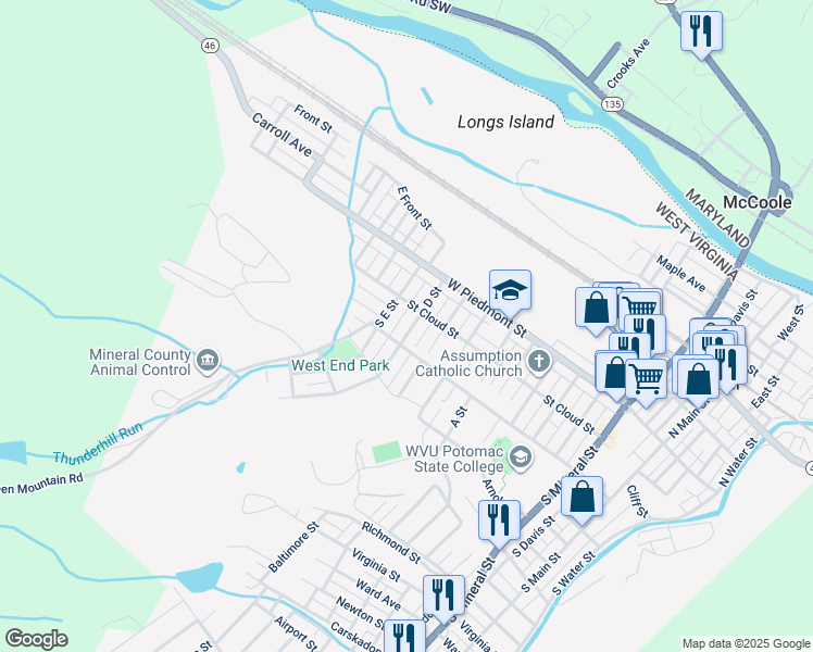 map of restaurants, bars, coffee shops, grocery stores, and more near 85 D Street in Keyser