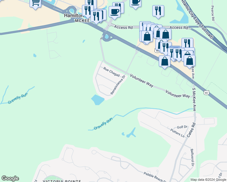 map of restaurants, bars, coffee shops, grocery stores, and more near 26 Renaissance Drive in Hamilton Township