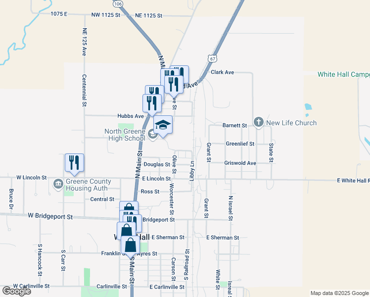 map of restaurants, bars, coffee shops, grocery stores, and more near 322 Higbee Street in White Hall