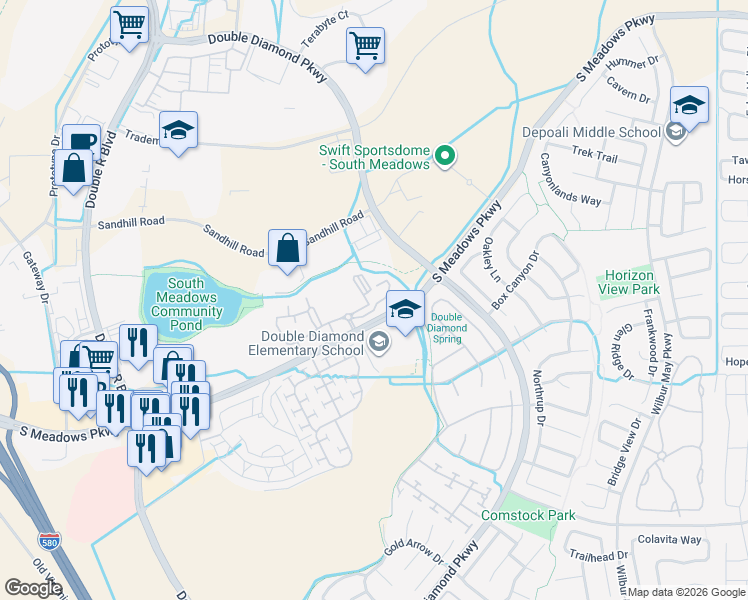 map of restaurants, bars, coffee shops, grocery stores, and more near 1325 South Meadows Parkway in Reno