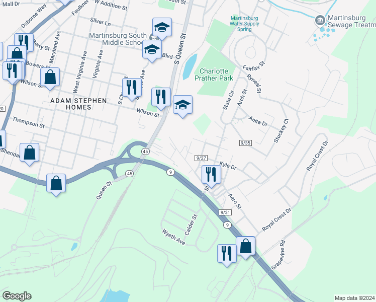 map of restaurants, bars, coffee shops, grocery stores, and more near in Martinsburg