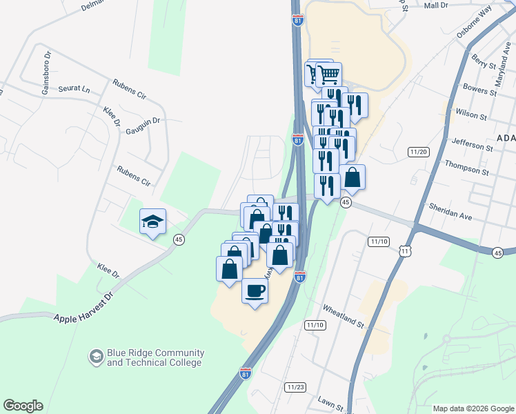 map of restaurants, bars, coffee shops, grocery stores, and more near Retail Commons Parkway in Martinsburg