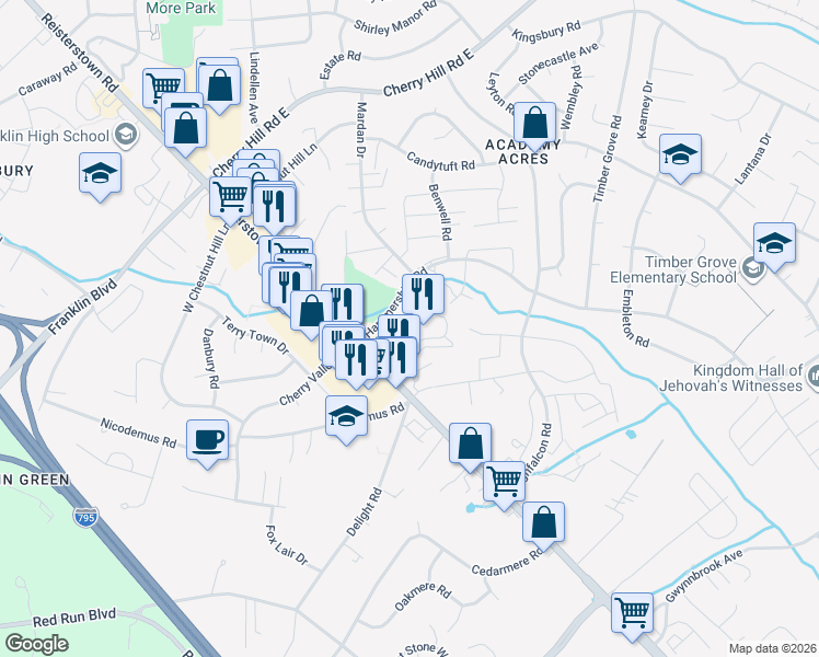 map of restaurants, bars, coffee shops, grocery stores, and more near 153 Shetland Circle in Reisterstown