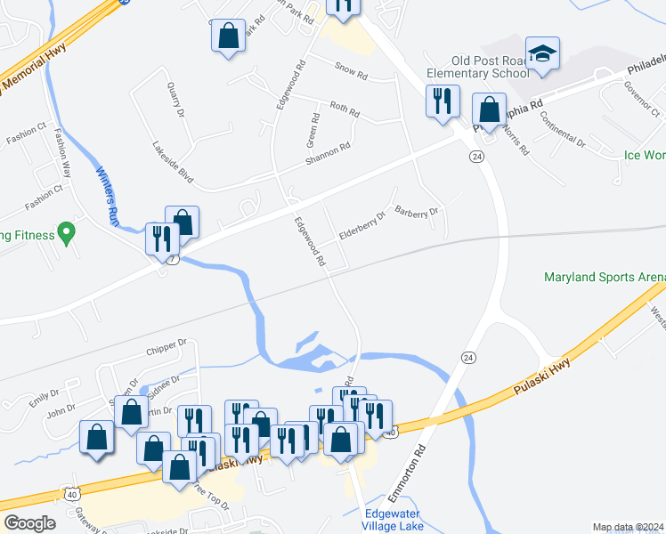 map of restaurants, bars, coffee shops, grocery stores, and more near 1201 Edgewood Road in Edgewood