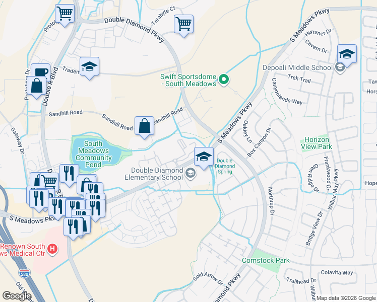 map of restaurants, bars, coffee shops, grocery stores, and more near 1325 South Meadows Parkway in Reno