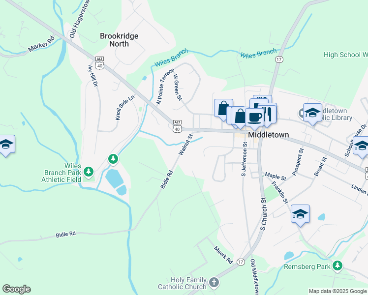 map of restaurants, bars, coffee shops, grocery stores, and more near Walnut Street in Middletown