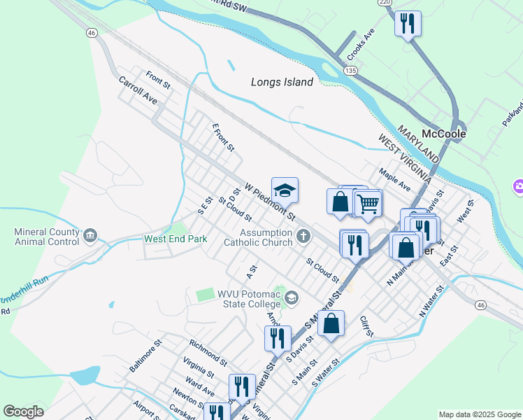 map of restaurants, bars, coffee shops, grocery stores, and more near 310 Saint Cloud Street in Keyser